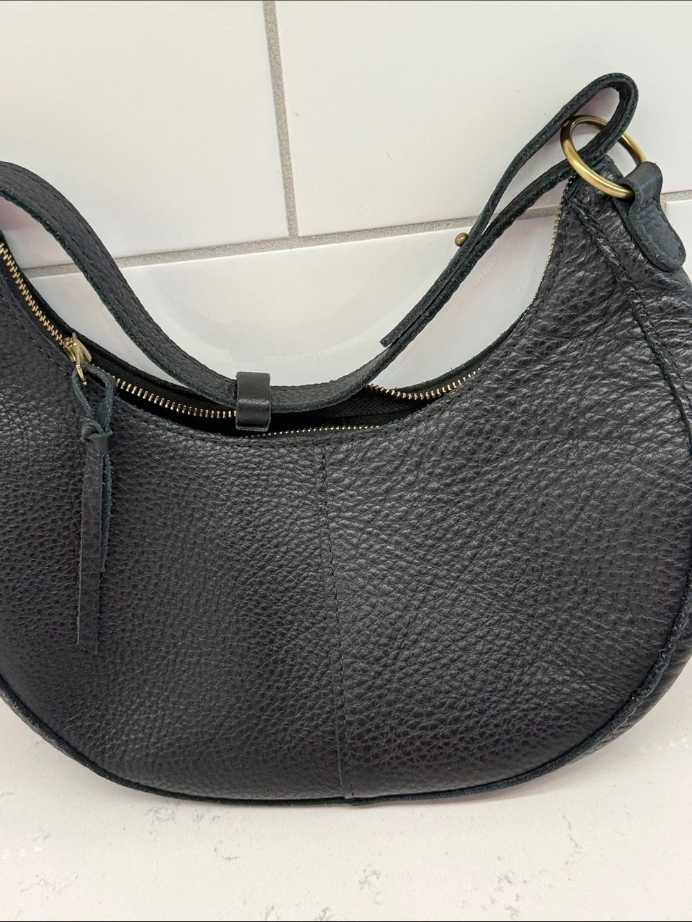 Portland Leather crescent Classic Black Leather Shoulder Bag